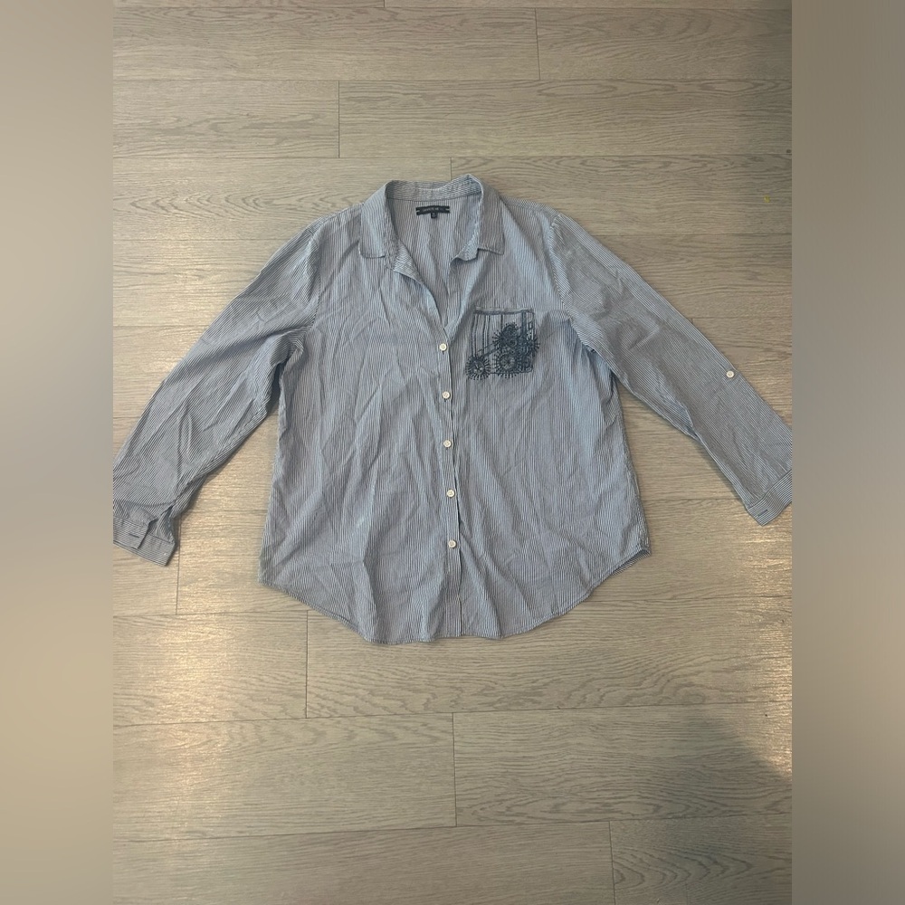 Lafayette 148 Striped Long Sleeve Button Up Embroidered Pockets Shirt Size XL